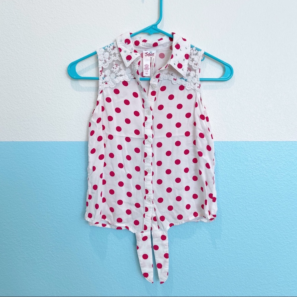Justice Hot Pink & White Polka Dot Tie Front Tank